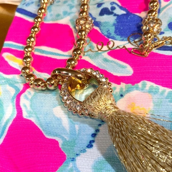 Lilly Pulitzer NWT CRYSTAL GOLD LINK TASSEL NECKLACE⭐️STUNNING NEW + Lilly POUCH - Picture 13 of 16